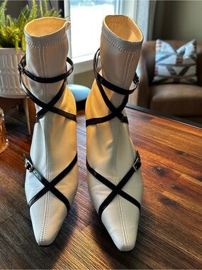 Anthropologie NWOT White Pointed Ankle Boots with Black Strap Detail